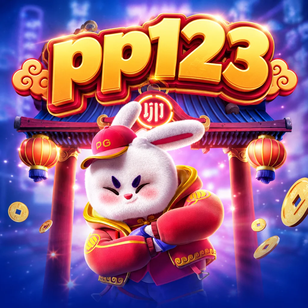 pp123 menampilkan karakter kelinci bertopi merah dari permainan Fortune Rabbit di bawah gerbang oriental dengan koin emas