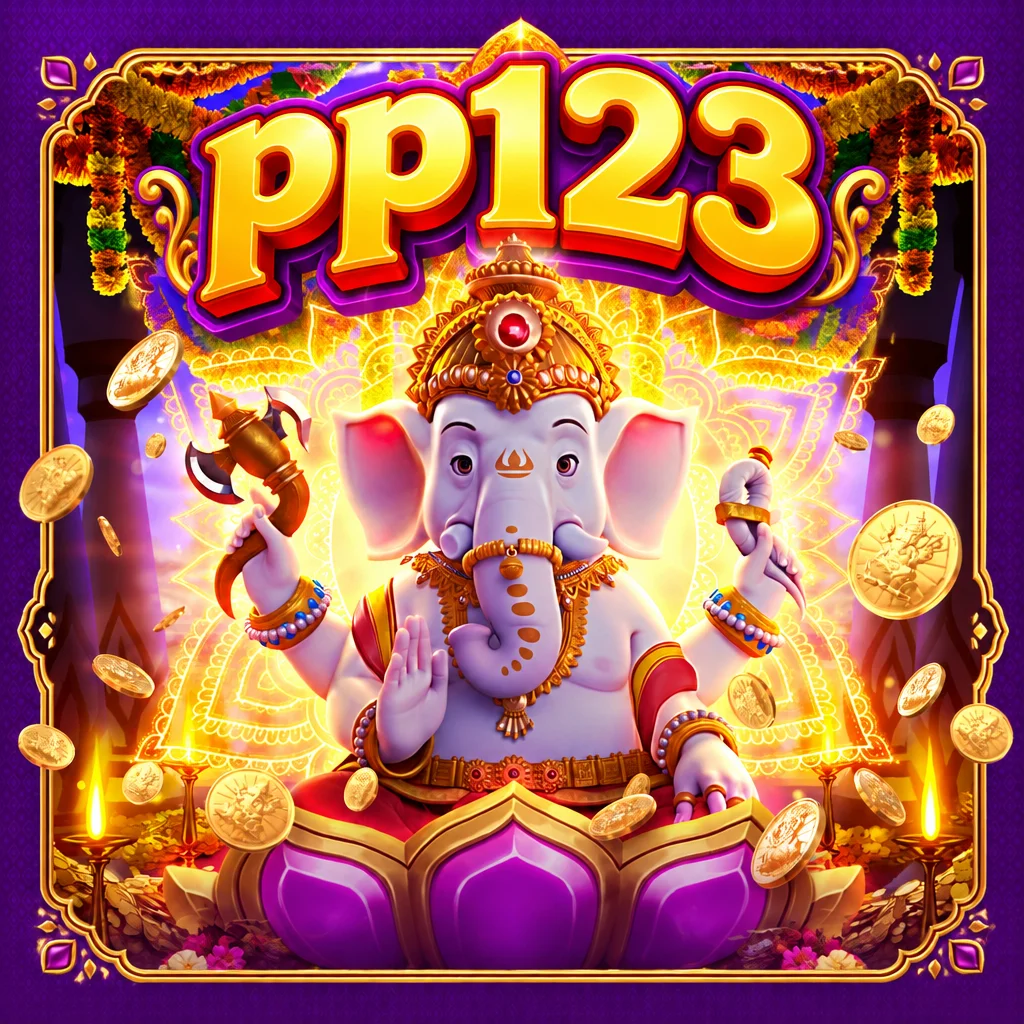 pp123 menampilkan Dewa Ganesha berhiaskan ornamen emas di atas teratai ungu dalam permainan Ganesha Gold
