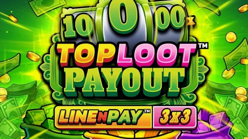 Tampilan visual grid 3x3 slot TopLoot Payout LineNPay dengan tema harta karun emas