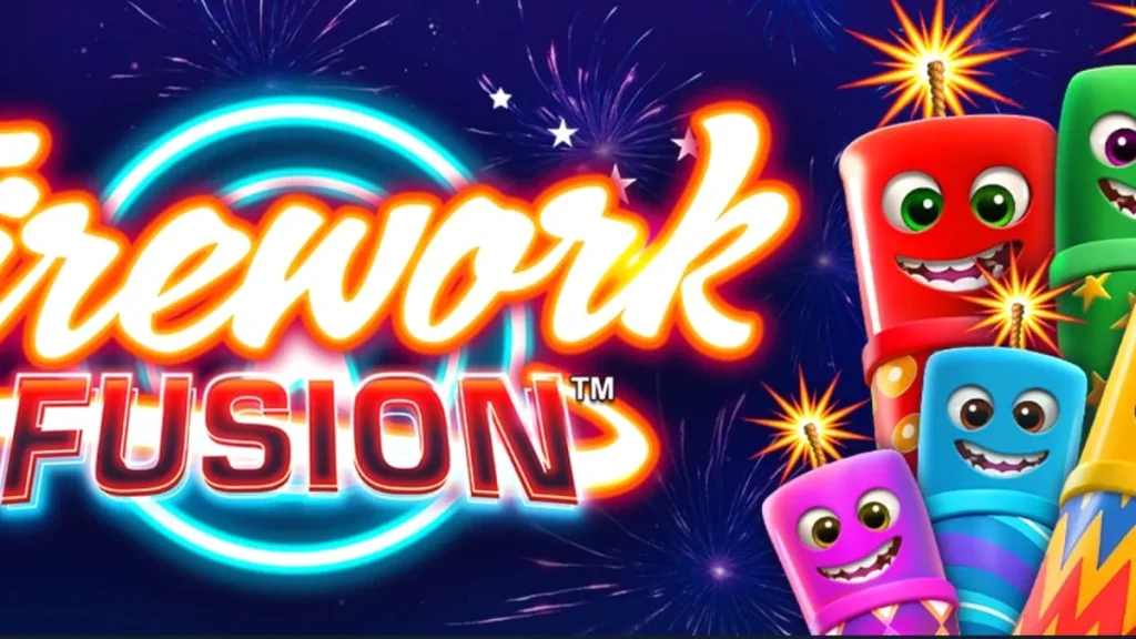 Tampilan visual slot Firework Fusion dengan latar belakang karnaval pantai dan kembang api